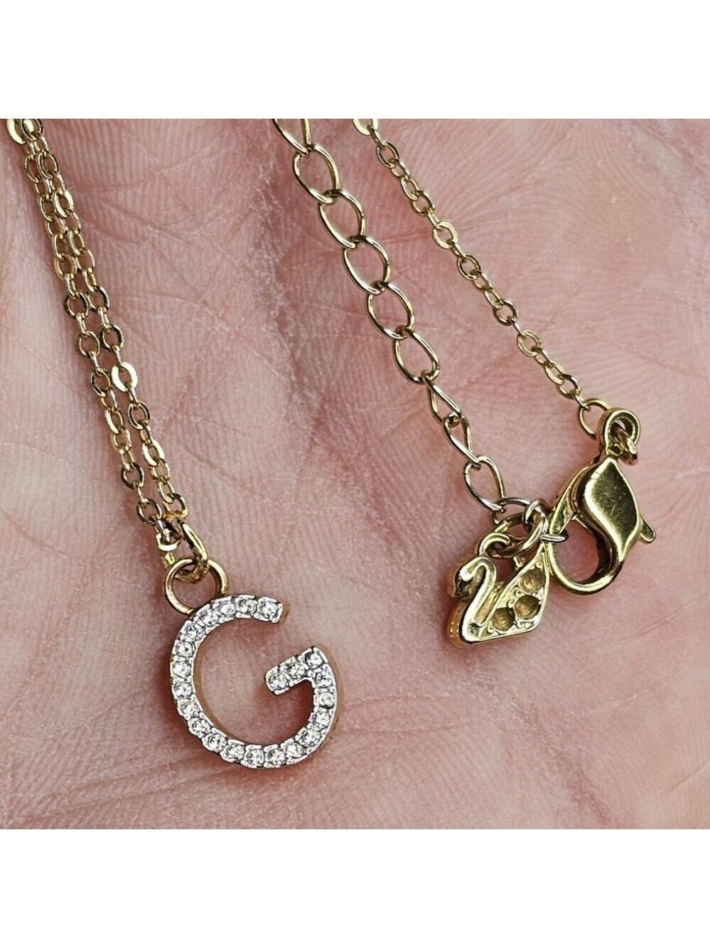 Swavorski Necklace & G Letter Pendant Hallmarked Swans Gold Tone 18" Adjustable